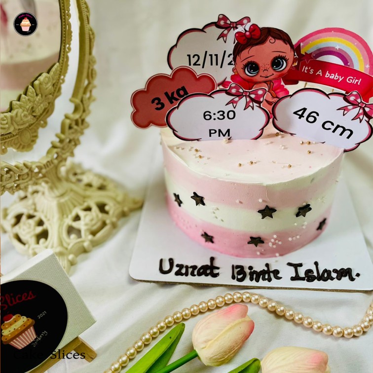 Pink Striped Baby Birth Announcement Cake
